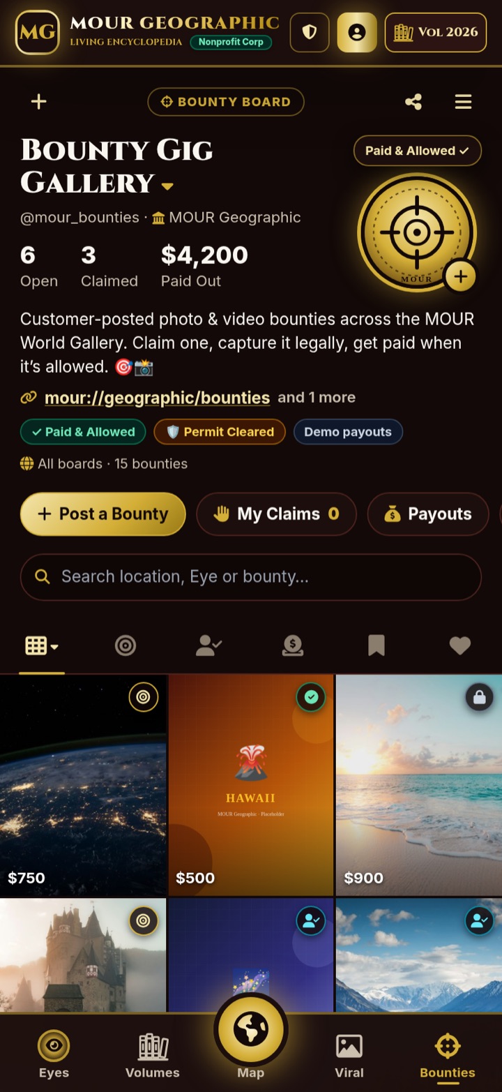 Bounty gallery grid in the MOUR Geographic app