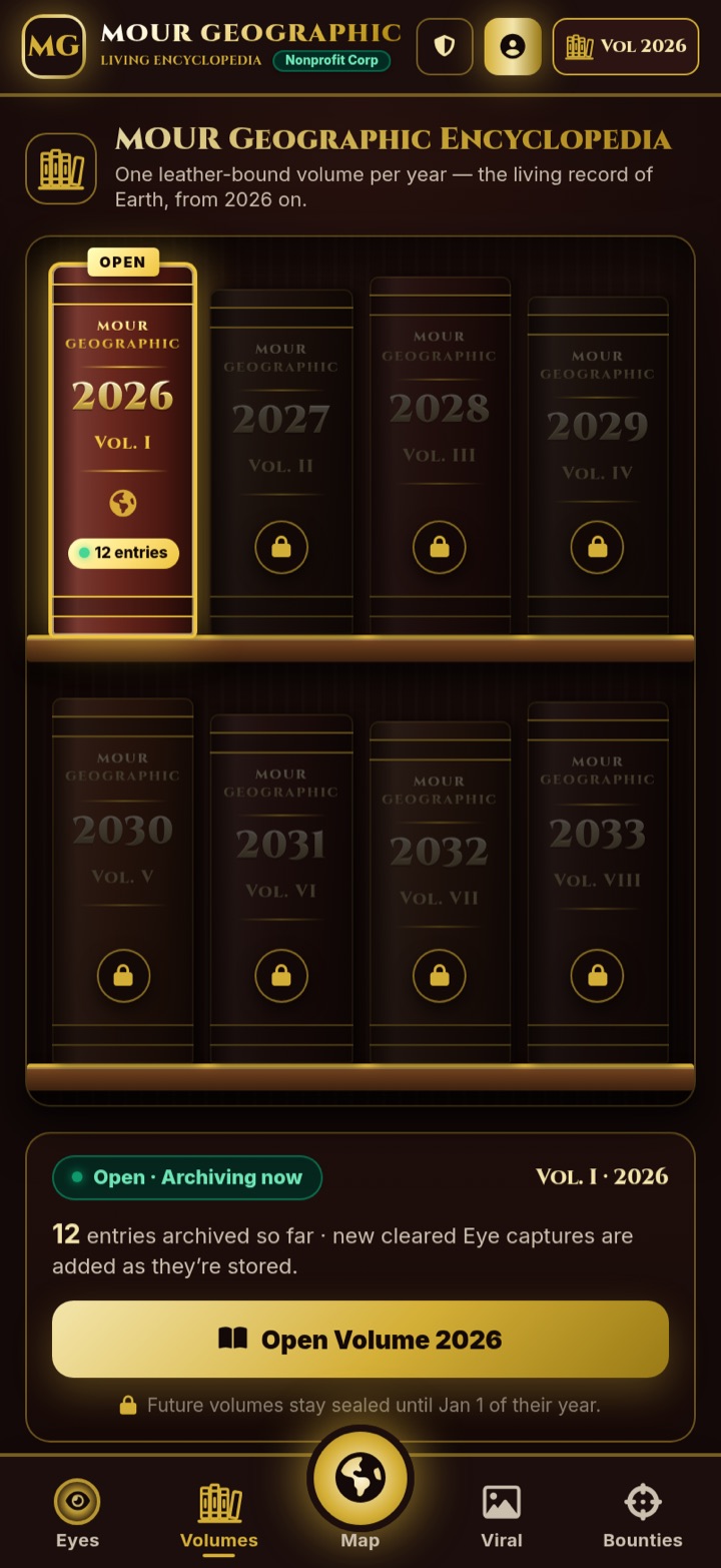 MOUR Geographic app home screen: the Volumes bookshelf